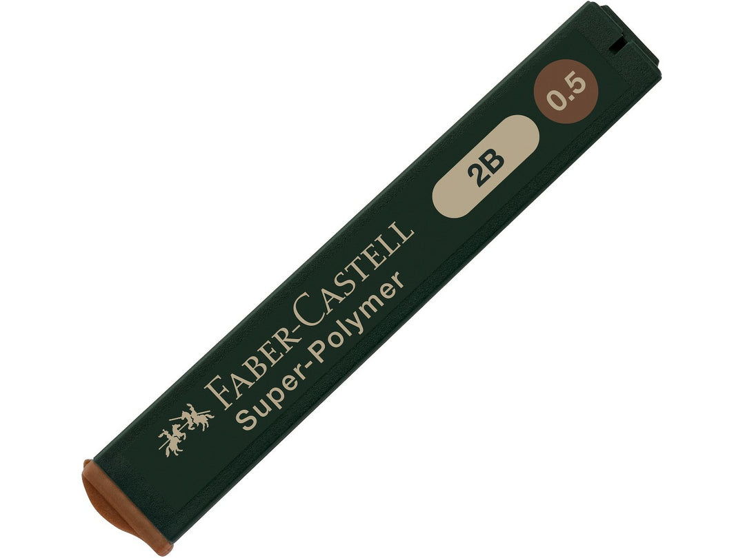 Faber-Castell Super-Polymer Fineline Leads 0.5mm 2B refill tube containing 12 extra break-resistant graphite leads, designed for smooth writing, sketching, shading and use in compatible 0.5mm mechanical pencils.