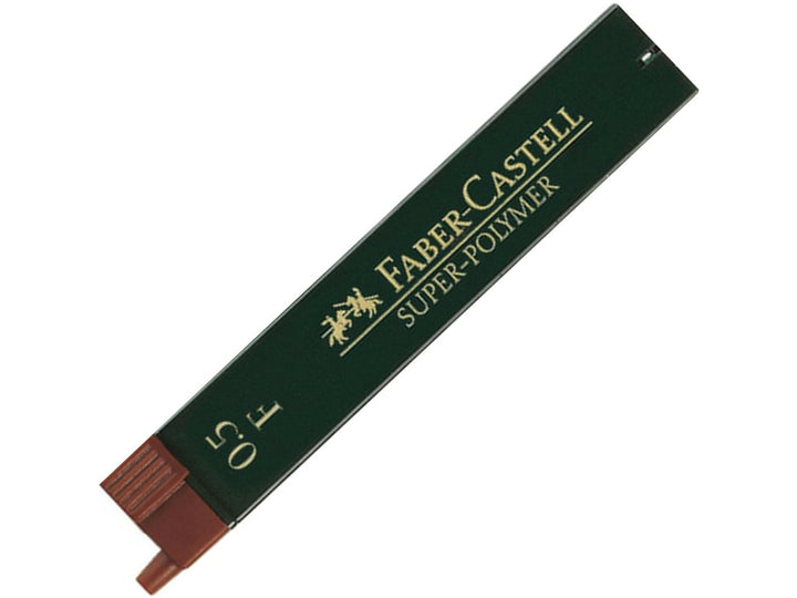 Faber-Castell Super-Polymer Fineline Leads 0.5mm F refill tube containing 12 extra break-resistant graphite leads, designed for smooth writing, fine line work, drafting and use in compatible 0.5mm mechanical pencils.