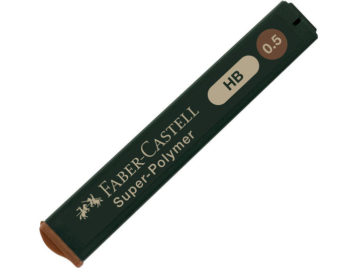 Faber-Castell Super-Polymer Fineline Leads 0.5mm HB refill tube containing 12 extra break-resistant graphite leads, designed for smooth writing, note-taking, drafting and use in compatible 0.5mm mechanical pencils.