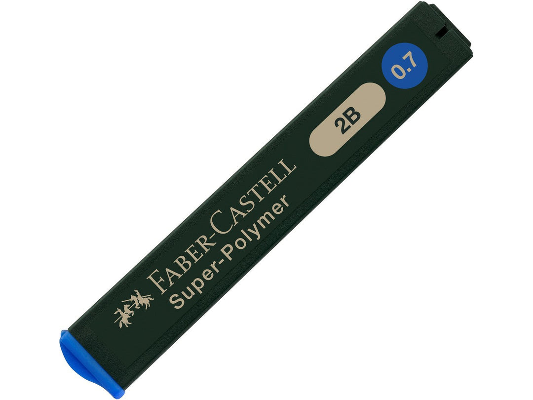 Faber-Castell Super-Polymer Fineline Leads 0.7mm 2B refill tube containing 12 extra break-resistant graphite leads, designed for smooth writing, sketching, shading and use in compatible 0.7mm mechanical pencils.