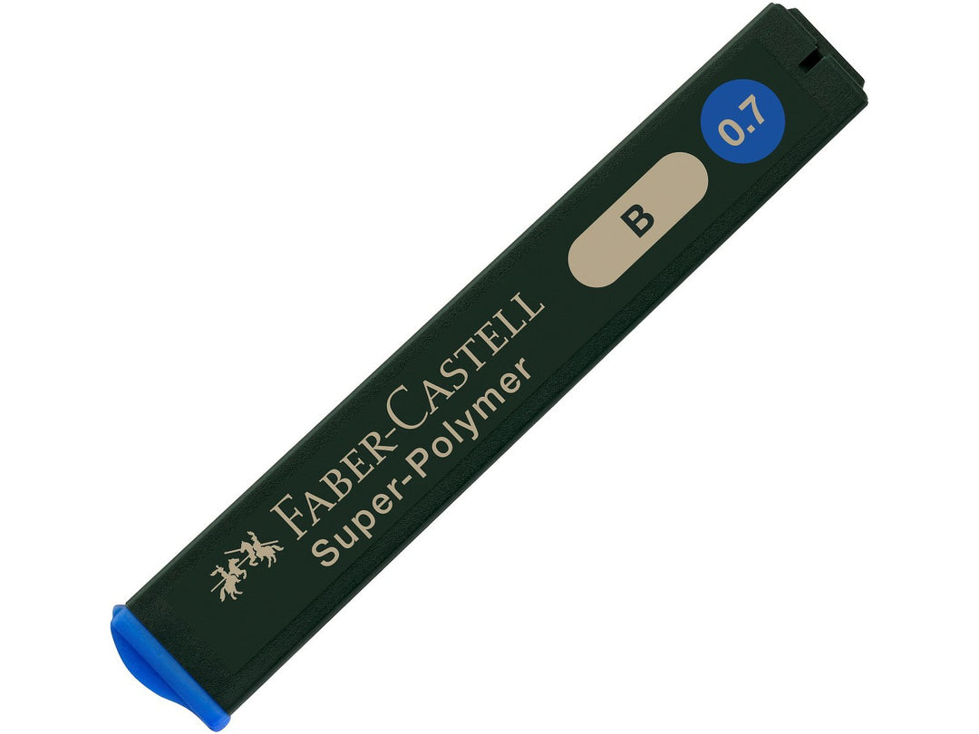 Faber-Castell Super-Polymer Fineline Leads 0.7mm B refill tube containing 12 extra break-resistant graphite leads, designed for smooth writing, sketching, drafting and use in compatible 0.7mm mechanical pencils.