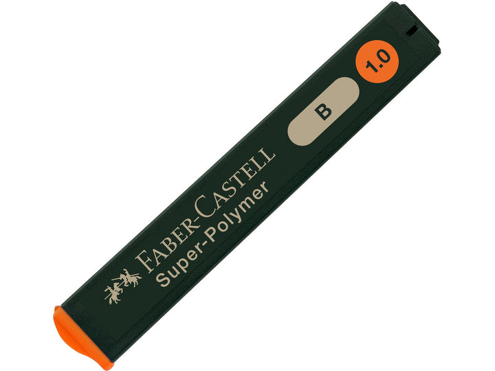 Faber-Castell Super-Polymer Fineline Leads 1.0mm B refill tube containing 12 extra break-resistant graphite leads, designed for smooth writing, sketching, drafting and use in compatible 1.0mm mechanical pencils.