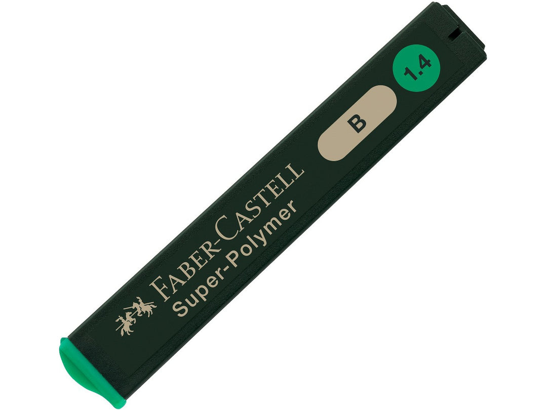 Faber-Castell Super-Polymer Pencil Leads 1.4mm B refill tube containing 6 extra break-resistant graphite leads, designed for smooth writing, sketching and use in compatible 1.4mm mechanical pencils including the Faber-Castell e-motion.
