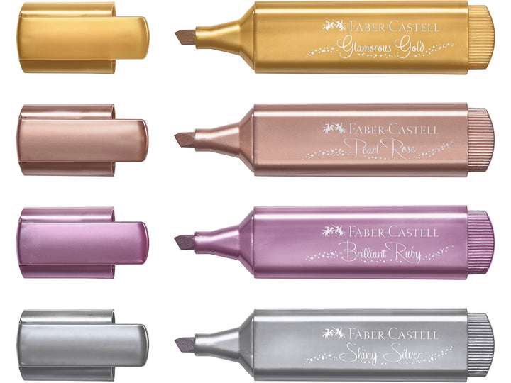 Faber-Castell Textliner 46 Metallic Highlighters displayed uncapped in four metallic colours including Glamorous Gold, Pearl Rose, Brilliant Ruby and Shiny Silver, showcasing chisel tips and shimmering metallic water-based ink for highlighting, hand lettering, journaling, colour-coding and creative projects on light and dark paper.