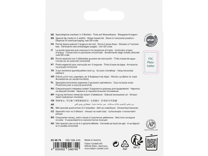 Rear of Faber-Castell Textliner 46 Metallic Highlighters Box of 4 packaging showing multilingual product information, water-based metallic ink details, special chisel tip with three line widths, horizontal storage guidance, FSC certification, AP non-toxicity certification, recycling symbols, QR code, barcode and manufacturer information.