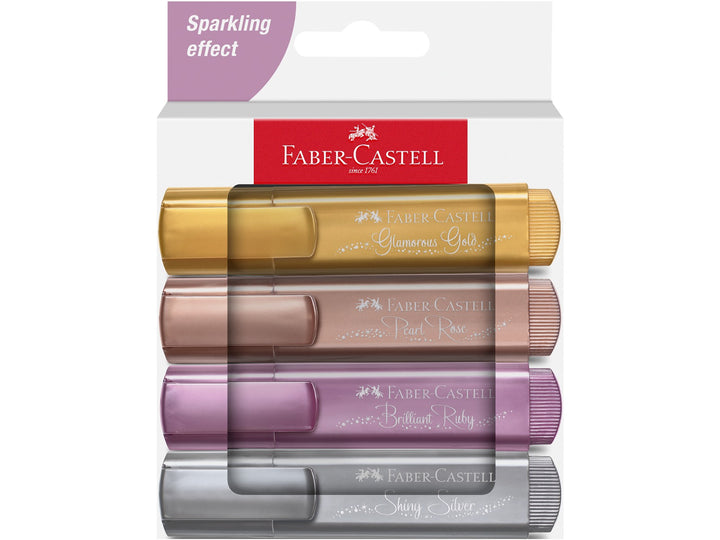 Front of Faber-Castell Textliner 46 Metallic Highlighters Box of 4 showing four metallic highlighters in Glamorous Gold, Pearl Rose, Brilliant Ruby and Shiny Silver, featuring metallic water-based ink, chisel tips with three line widths and a cardboard presentation box for highlighting, hand lettering, journaling and creative projects on light and dark paper.