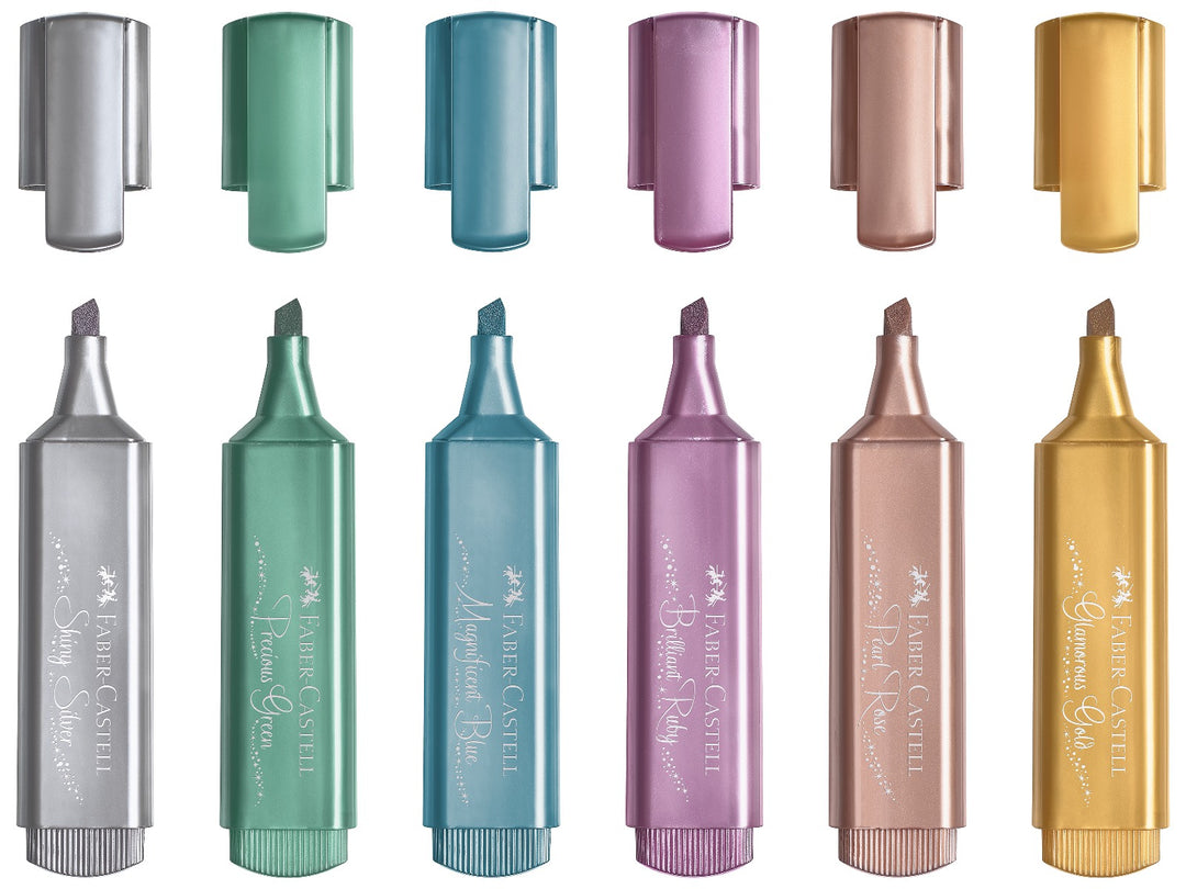 Faber-Castell Textliner 46 Metallic Highlighters displayed individually in six metallic colours including Shiny Silver, Precious Green, Magnificent Blue, Brilliant Ruby, Pearl Rose and Glamorous Gold, featuring metallic water-based inks, chisel tips and shimmering barrels for highlighting, hand lettering, journaling and creative projects on light and dark paper.