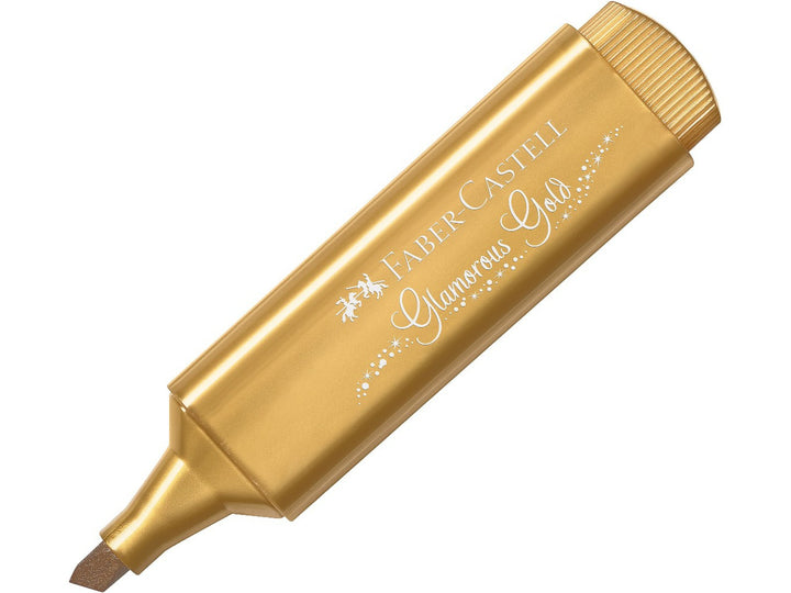 Faber-Castell Textliner 46 Metallic Highlighter in Glamorous Gold displayed with cap removed, featuring a metallic gold chisel tip, shimmering water-based ink and metallic-effect barrel for highlighting, hand lettering, journaling and creative projects on light and dark paper.