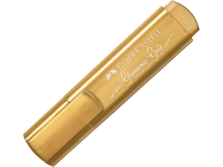 Faber-Castell Textliner 46 Metallic Highlighter in Glamorous Gold with cap fitted, featuring a metallic gold barrel, shimmering water-based ink and chisel tip design for highlighting, hand lettering, journaling and creative projects on light and dark paper.