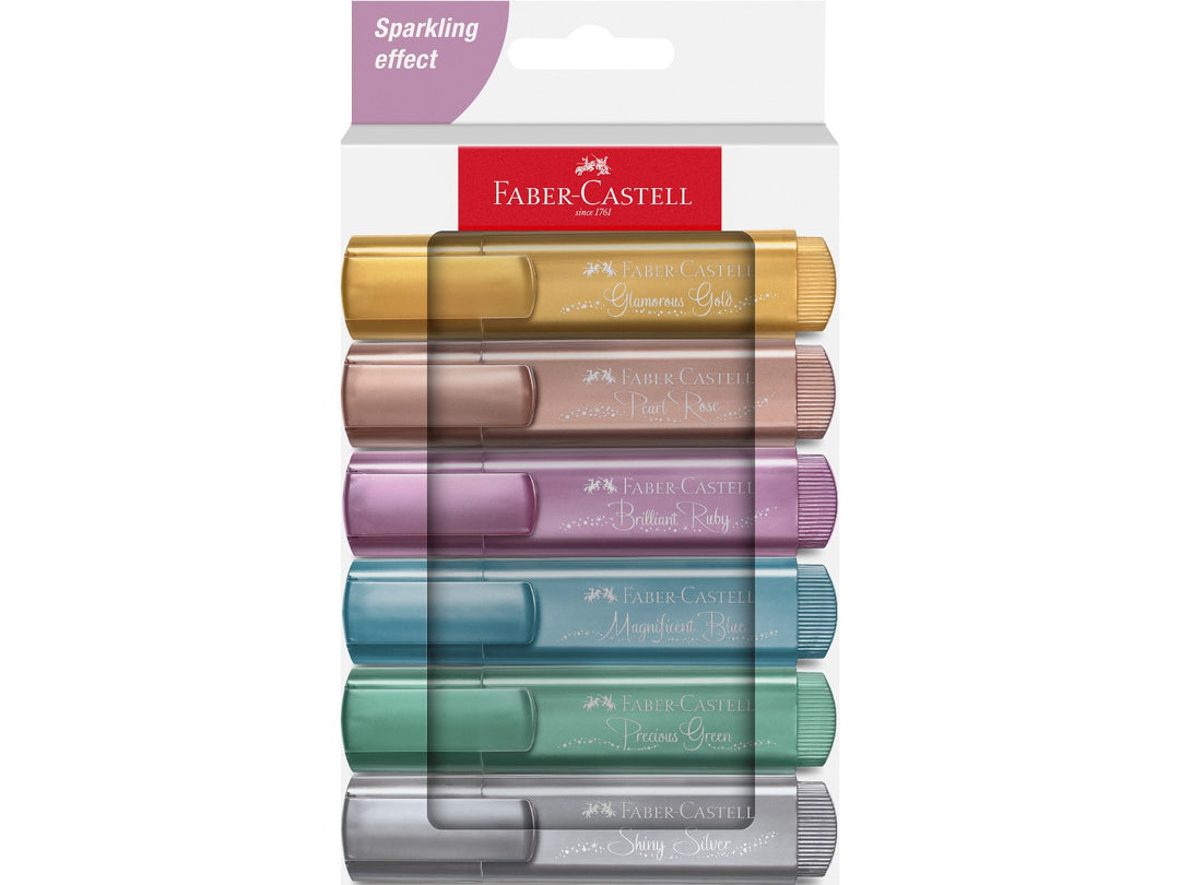 Front of Faber-Castell Textliner 46 Metallic Highlighters Box of 6 showing six metallic highlighters in Glamorous Gold, Pearl Rose, Brilliant Ruby, Shimmering Violet, Magnificent Blue, Precious Green and Shiny Silver, featuring metallic water-based ink, chisel tips and a cardboard presentation box for highlighting, hand lettering, journaling and creative projects.