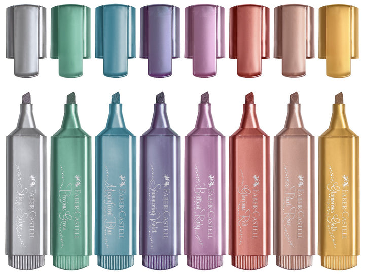 Faber-Castell Textliner 46 Metallic Highlighters displayed individually in eight metallic colours including Shiny Silver, Precious Green, Magnificent Blue, Shimmering Violet, Brilliant Ruby, Glorious Red, Pearl Rose and Glamorous Gold, featuring chisel tips and metallic water-based ink for highlighting, hand lettering, journaling and creative projects on light and dark paper.
