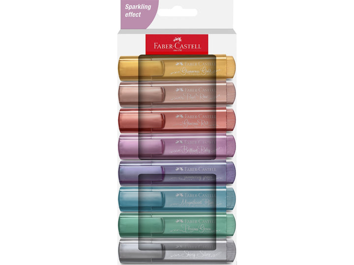 Faber-Castell Textliner 46 Metallic Highlighters set of eight metallic colours displayed individually, featuring shimmering metallic inks in gold, rose, red, ruby, violet, blue, green and silver shades with chisel tips for highlighting, hand lettering, journaling and creative projects on light and dark paper.