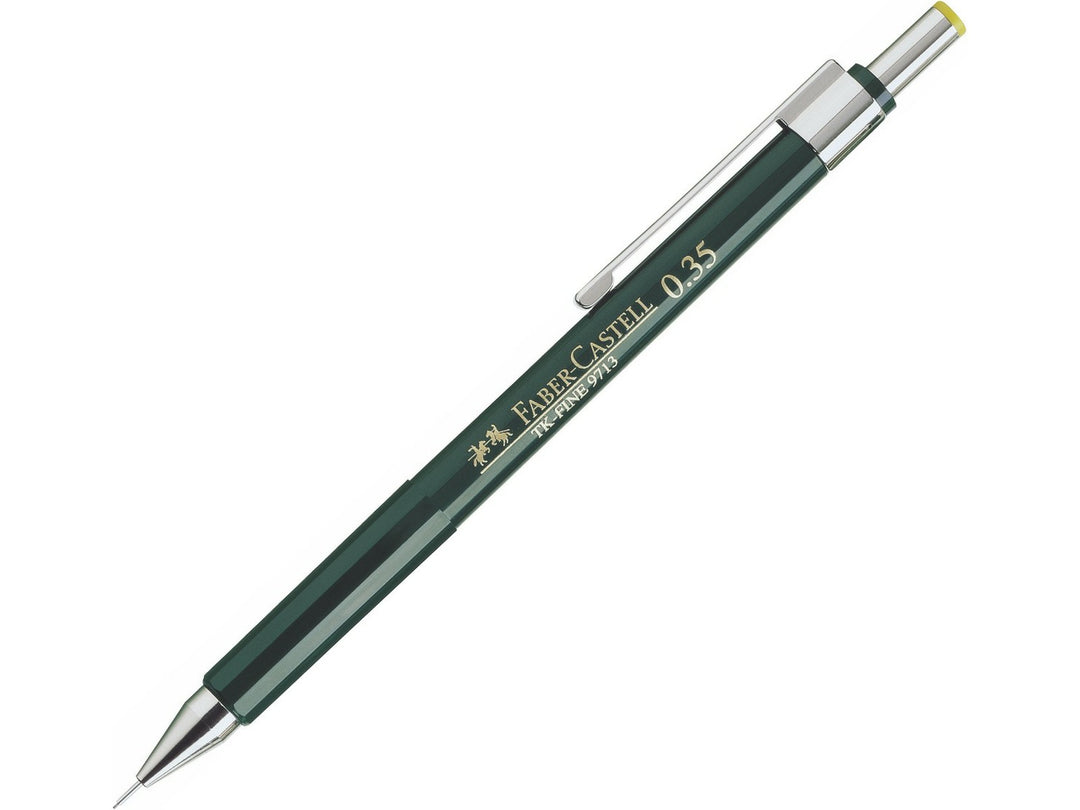 Faber-Castell TK-Fine Mechanical Pencil 0.35mm featuring a fixed lead guidance sleeve, adjustable hardness indicator, integrated eraser and precision-engineered barrel for technical drawing, drafting, detailed writing and professional design work.