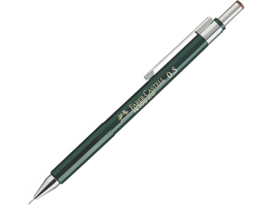 Faber-Castell TK-Fine Mechanical Pencil 0.5mm featuring a fixed lead guidance sleeve, adjustable hardness indicator, integrated eraser and precision-engineered barrel for technical drawing, drafting, detailed writing and professional design work.