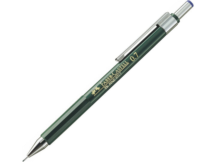 Faber-Castell TK-Fine Mechanical Pencil 0.7mm featuring a fixed lead guidance sleeve, adjustable hardness indicator, integrated eraser, metal pocket clip and precision-engineered barrel for technical drawing, drafting, detailed writing and professional design work.