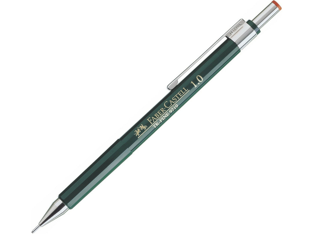 Faber-Castell TK-Fine Mechanical Pencil 1.0mm featuring a fixed lead guidance sleeve, adjustable hardness indicator, integrated eraser, metal pocket clip and precision-engineered barrel for technical drawing, drafting, sketching and professional design work.