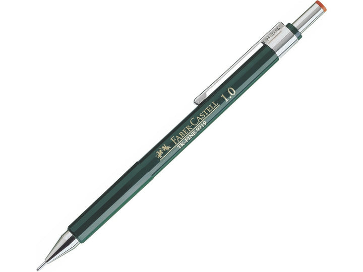 Faber-Castell TK-Fine Mechanical Pencil 1.0mm featuring a fixed lead guidance sleeve, adjustable hardness indicator, integrated eraser, metal pocket clip and precision-engineered barrel for technical drawing, drafting, sketching and professional design work.