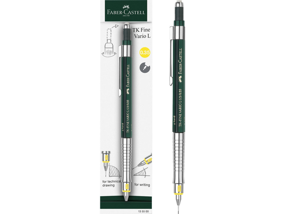 Front of Faber-Castell TK-Fine Vario L Mechanical Pencil 0.35mm retail packaging showing a professional technical drawing pencil with adjustable rigid or cushioned lead guidance, integrated eraser, hardness indicator, preloaded HB lead and precision 0.35mm lead size for drafting, engineering, architecture and detailed writing.