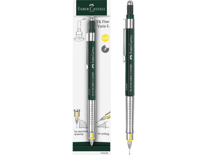 Front of Faber-Castell TK-Fine Vario L Mechanical Pencil 0.35mm retail packaging showing a professional technical drawing pencil with adjustable rigid or cushioned lead guidance, integrated eraser, hardness indicator, preloaded HB lead and precision 0.35mm lead size for drafting, engineering, architecture and detailed writing.
