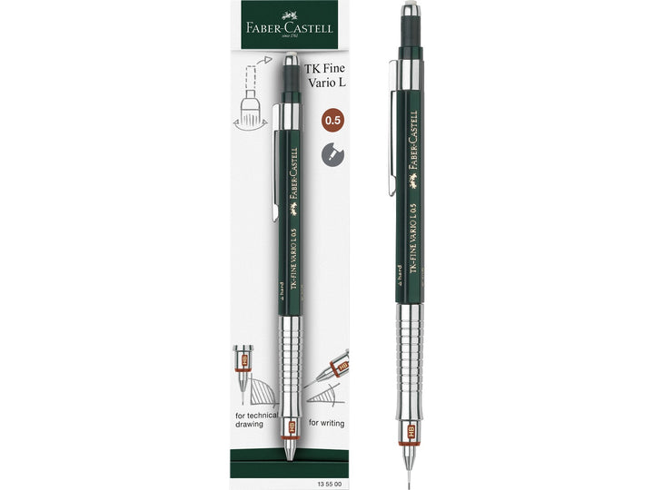 Front of Faber-Castell TK-Fine Vario L Mechanical Pencil 0.5mm retail packaging showing a professional technical drawing pencil with adjustable rigid or cushioned lead guidance, integrated eraser, hardness indicator, preloaded HB lead and precision 0.5mm lead size for drafting, engineering, architecture and detailed writing.