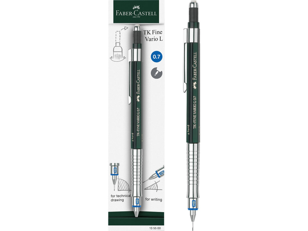 Front of Faber-Castell TK-Fine Vario L Mechanical Pencil 0.7mm retail packaging showing a professional technical drawing pencil with adjustable rigid or cushioned lead guidance, integrated eraser, hardness indicator, preloaded HB lead and precision 0.7mm lead size for drafting, engineering, architecture and detailed writing.