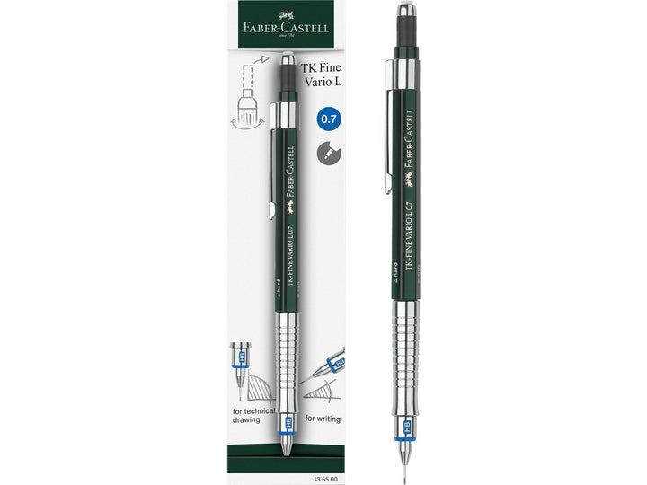 Front of Faber-Castell TK-Fine Vario L Mechanical Pencil 0.7mm retail packaging showing a professional technical drawing pencil with adjustable rigid or cushioned lead guidance, integrated eraser, hardness indicator, preloaded HB lead and precision 0.7mm lead size for drafting, engineering, architecture and detailed writing.