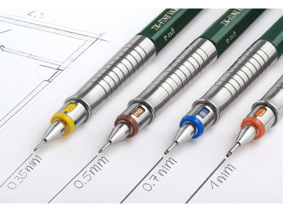 Faber-Castell TK-Fine Vario L Mechanical Pencil feature overview showing the extra-long eraser, adjustable hardness indicator, rigid and cushioned lead guidance modes, available lead sizes and precision engineering features designed for technical drawing, drafting, architecture and professional design work.