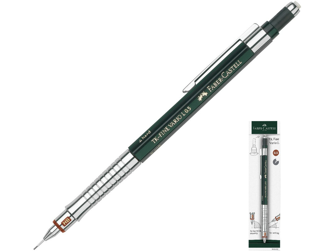Faber-Castell TK-Fine Vario L Mechanical Pencil 0.5mm shown alongside retail packaging, featuring adjustable rigid or cushioned lead guidance, a fixed lead sleeve, integrated eraser, hardness indicator and preloaded HB lead for technical drawing, drafting, engineering and professional design work.