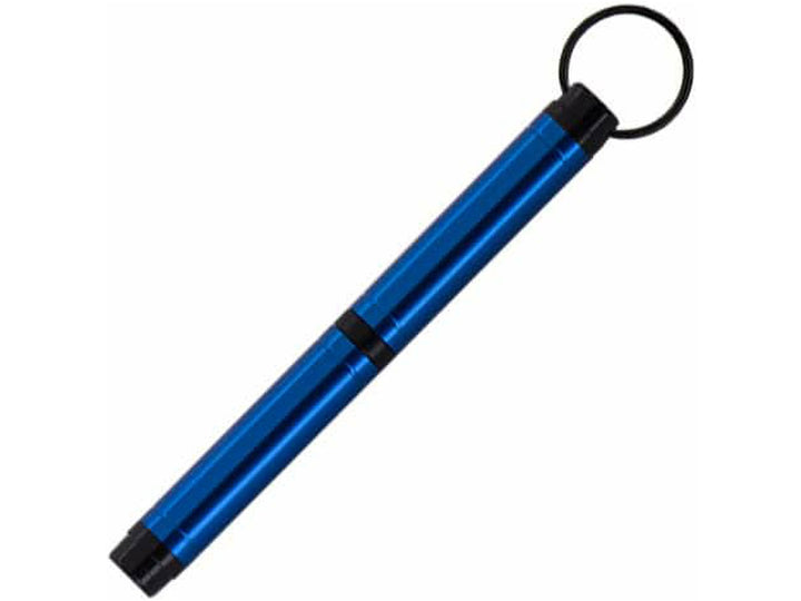 Fisher Space Pen Backpacker blue ballpoint pen showing compact body with integrated keyring
