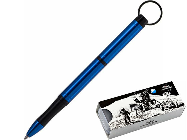 Fisher Space Pen Backpacker blue ballpoint pen with keyring and Moonscape gift box packaging