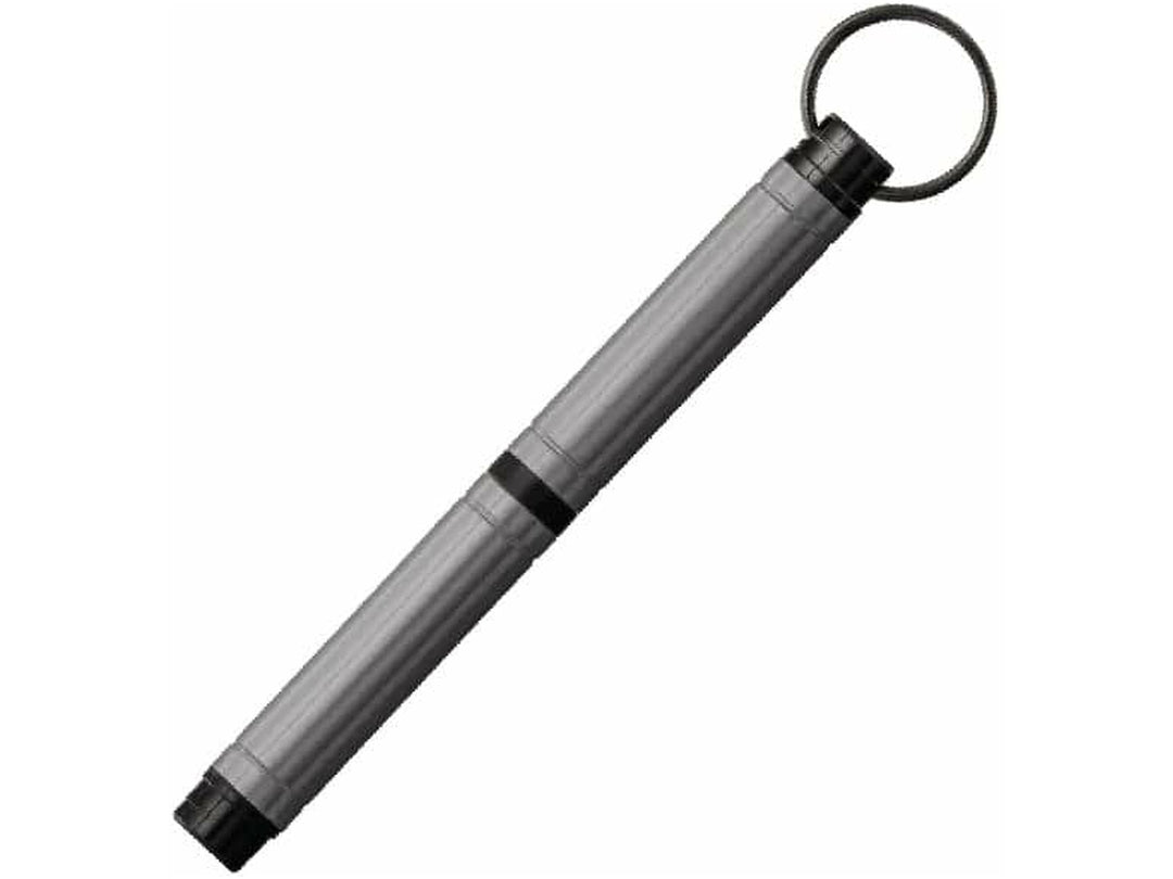 Fisher Space Pen Backpacker gunmetal grey ballpoint pen showing compact body with integrated keyring