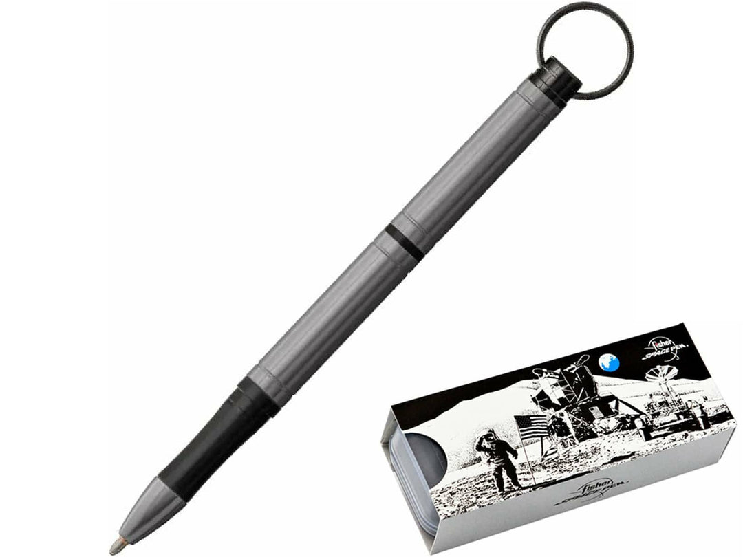 Fisher Space Pen Backpacker gunmetal grey ballpoint pen with keyring and Moonscape gift box packaging