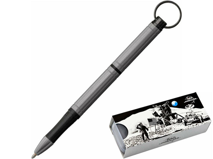 Fisher Space Pen Backpacker gunmetal grey ballpoint pen with keyring and Moonscape gift box packaging