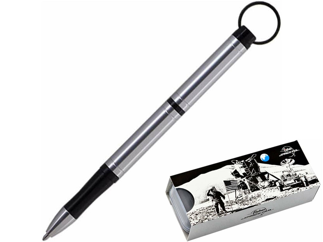 Fisher Space Pen Backpacker silver ballpoint pen with keyring and Moonscape gift box packaging
