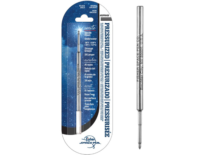 Fisher Space Pen bold point refill in retail packaging with pressurised cartridge displayed alongside