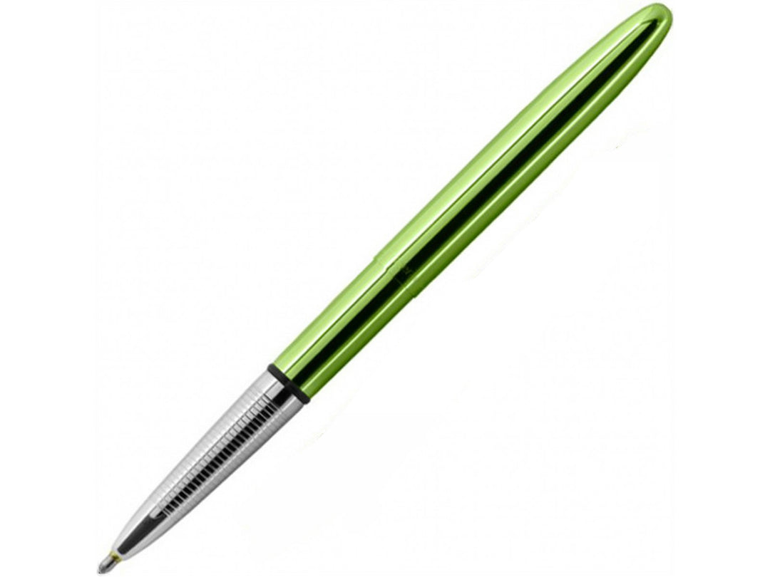 Fisher Space Pen Bullet Aurora Borealis Lime Green ballpoint pen extended for writing showing chrome tip