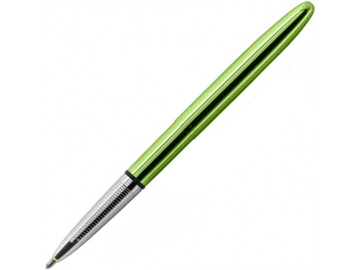 Fisher Space Pen Bullet Aurora Borealis Lime Green ballpoint pen extended for writing showing chrome tip