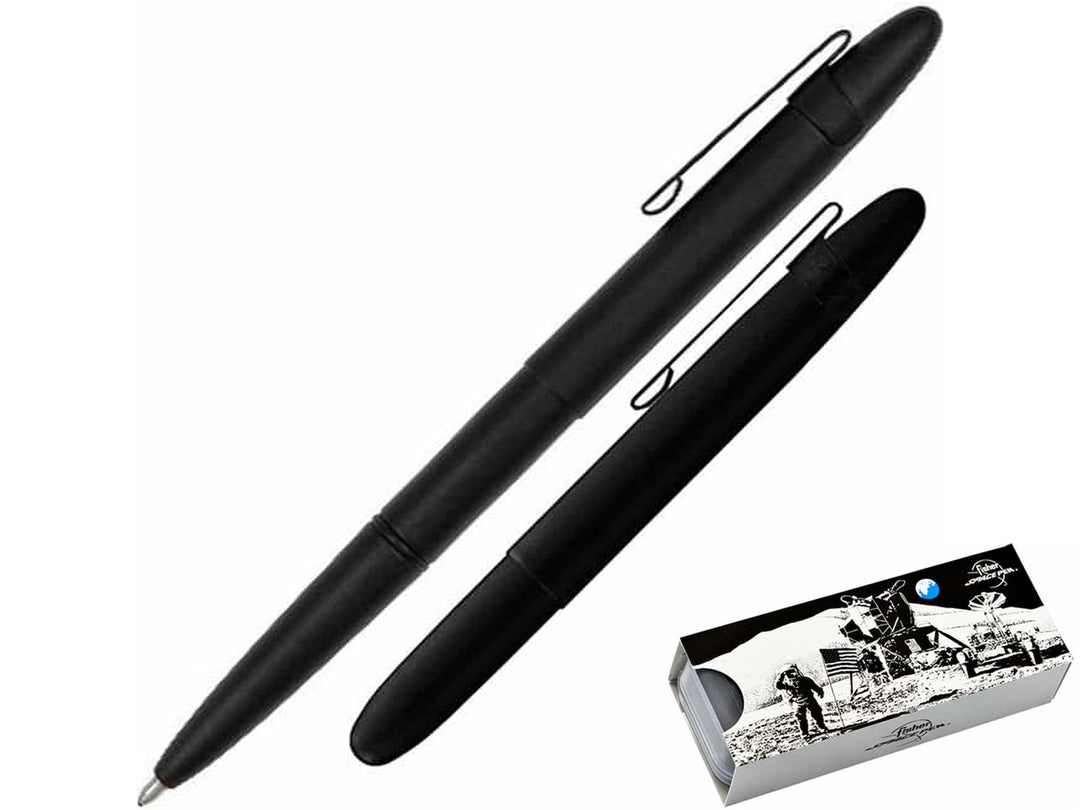 Fisher Space Pen Bullet black ballpoint pen with clip showing compact design and gift box
