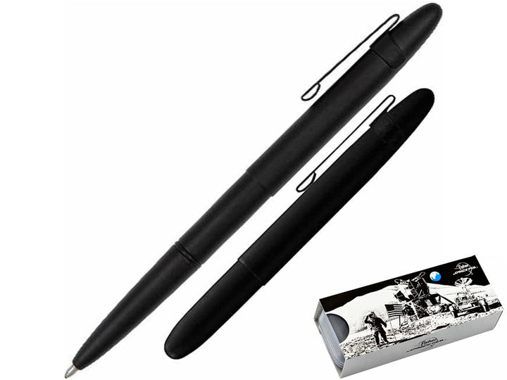 Fisher Space Pen Bullet black ballpoint pen with clip showing compact design and gift box