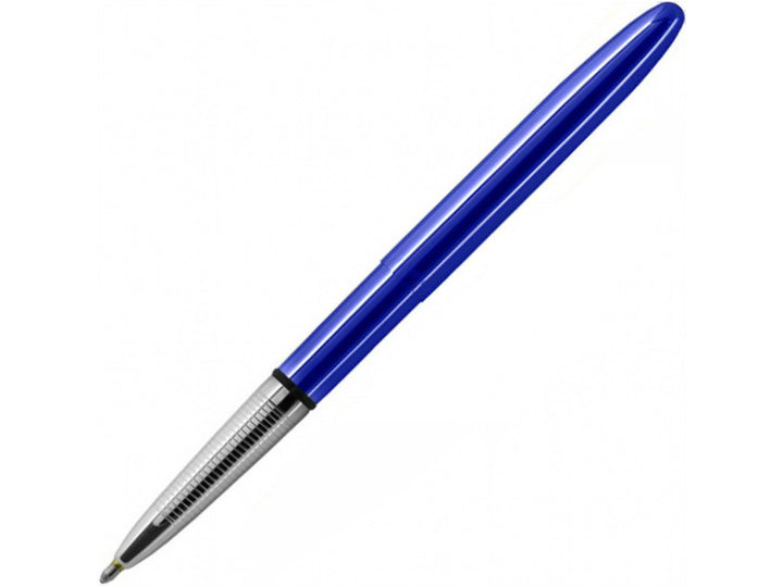 Fisher Space Pen Bullet Blue Moon Blueberry ballpoint pen extended for writing showing chrome tip