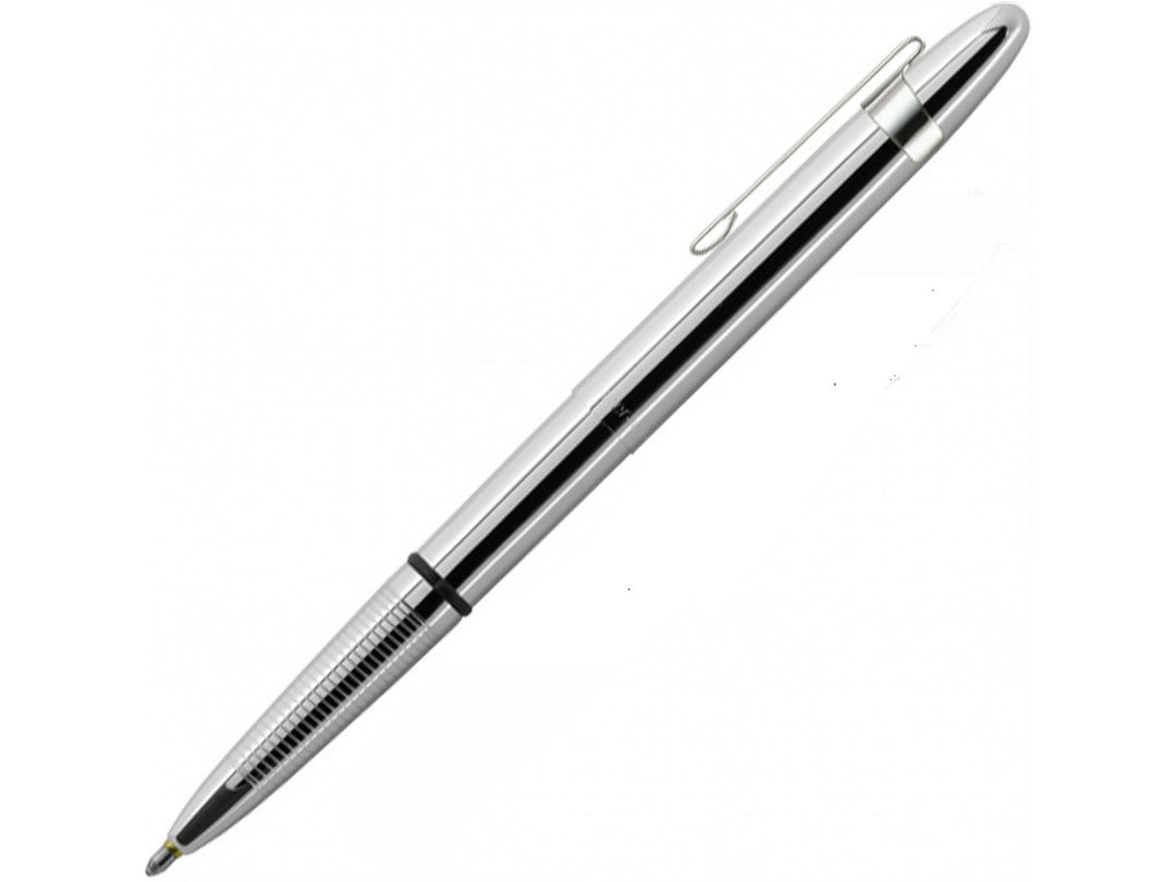 Fisher Space Pen Bullet chrome ballpoint pen with rocket-shaped clip extended for writing