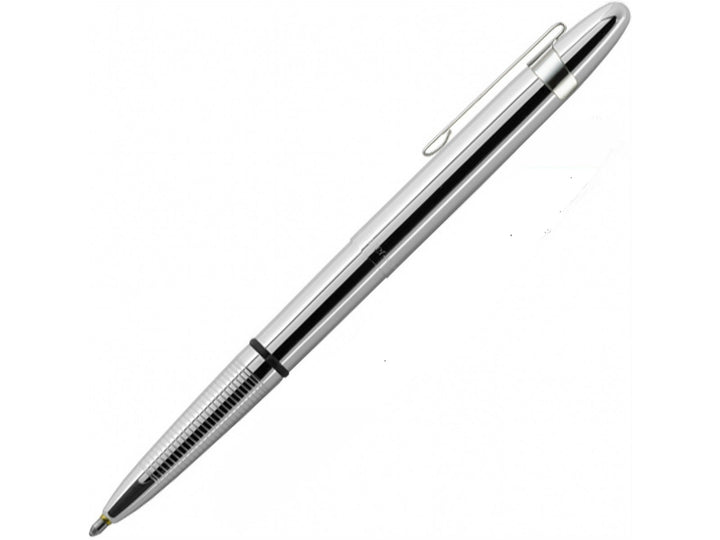 Fisher Space Pen Bullet chrome ballpoint pen with rocket-shaped clip extended for writing