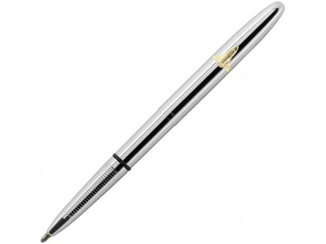 Fisher Space Pen Bullet chrome ballpoint pen with shuttle shaped clip  extended for writing