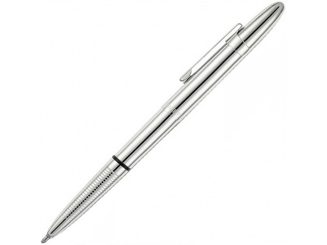 Fisher Space Pen Bullet chrome ballpoint pen with clip extended for writing