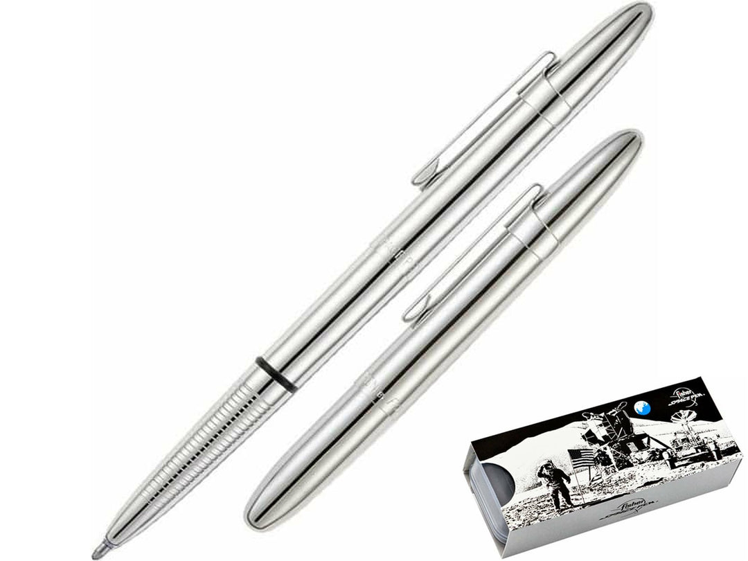 Fisher Space Pen Bullet chrome ballpoint pen with clip showing compact design and gift box