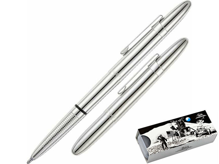 Fisher Space Pen Bullet chrome ballpoint pen with clip showing compact design and gift box