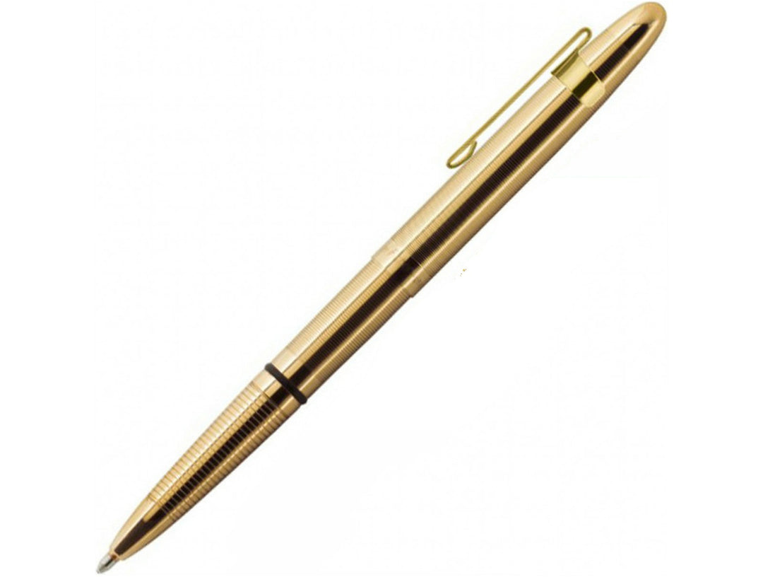 Fisher Space Pen Bullet gold ballpoint pen with matching clip extended for writing