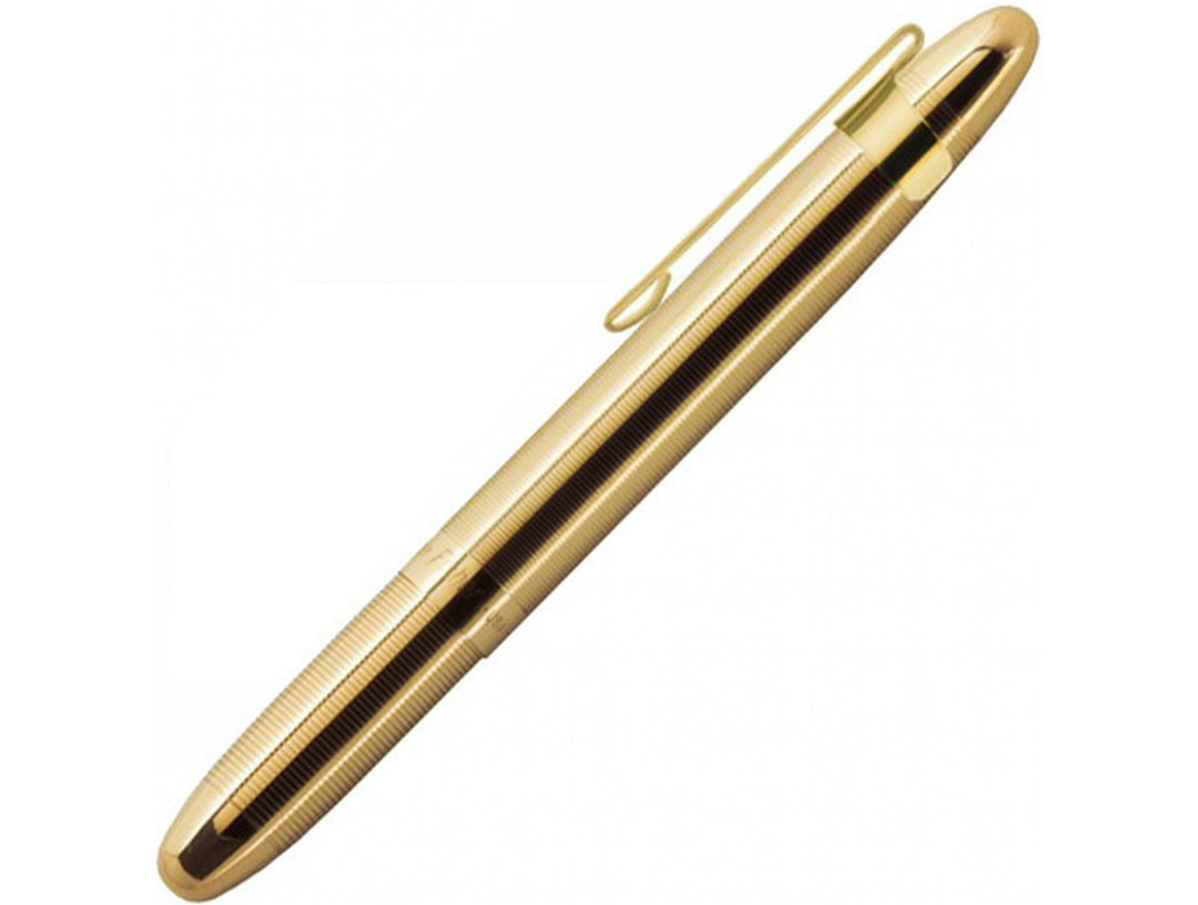 Fisher Space Pen Bullet gold ballpoint pen with matching clip showing compact closed design