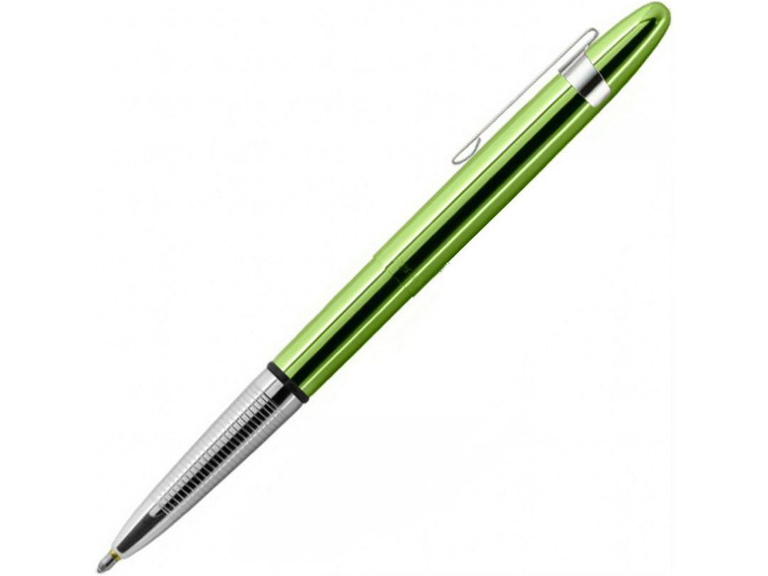 Fisher Space Pen Bullet Aurora Borealis Lime Green ballpoint pen extended for writing showing chrome tip and clip