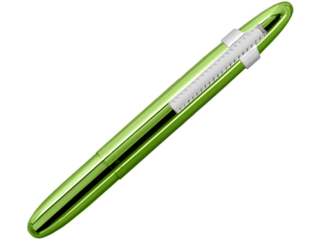 Fisher Space Pen Bullet Aurora Borealis Lime Green ballpoint pen showing chrome pocket clip and compact closed design